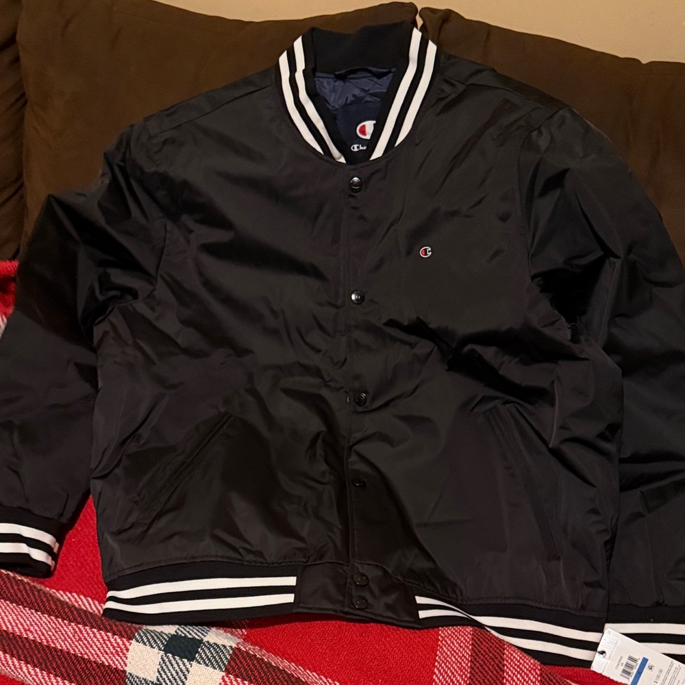 Champion Black Bomber Jacket with Striped Accents
